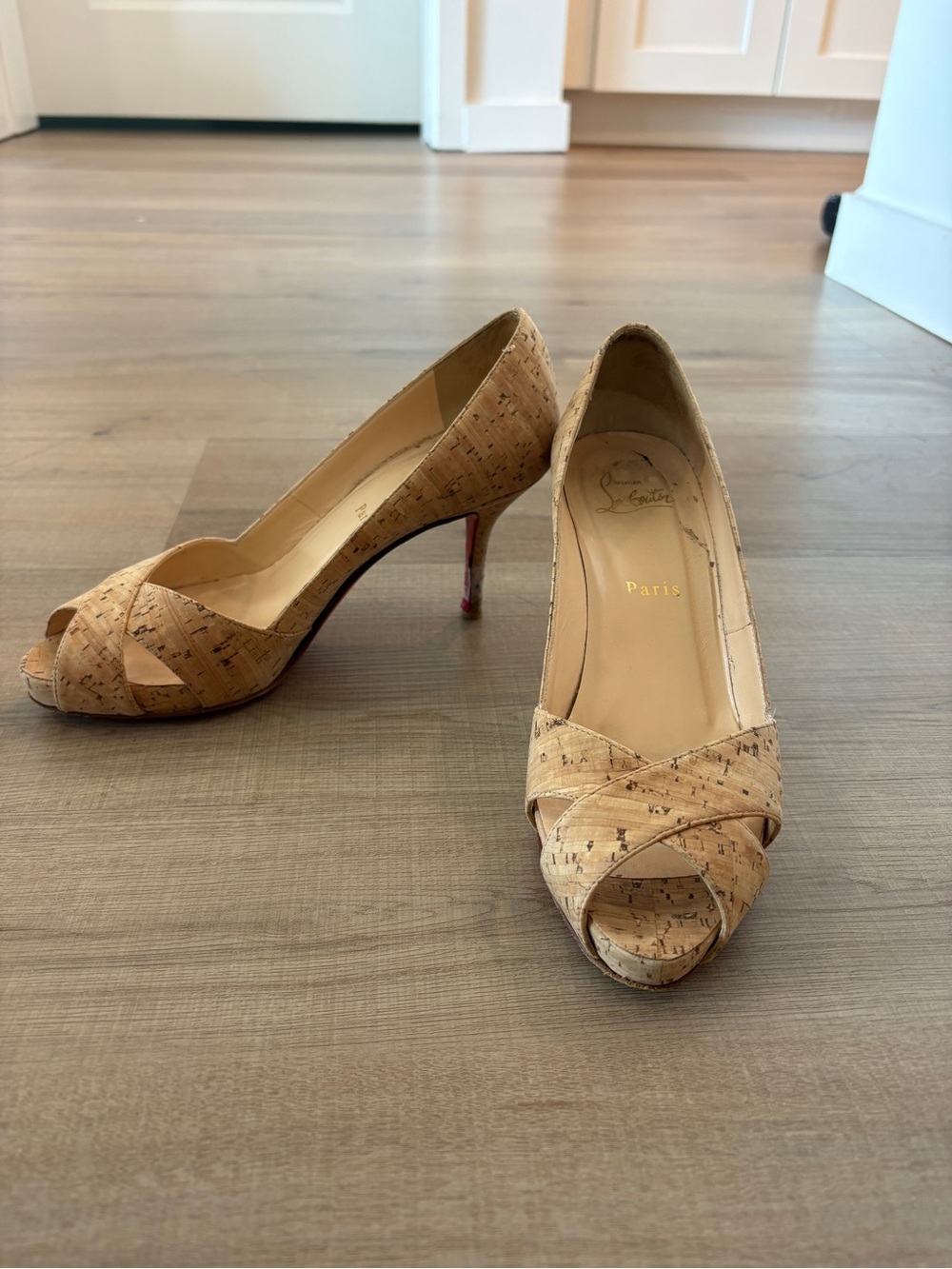 Christian Louboutin Cork Peep-Toe Pumps in Natural Tan